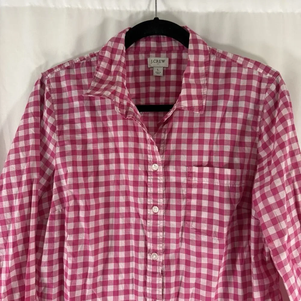 J Crew Button Down Shirt Women's Large Pink White Plaid Long Sleeve Collared Lig